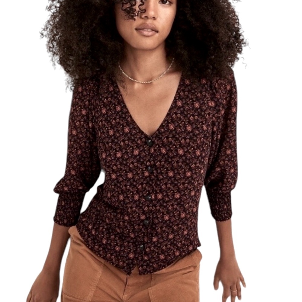 Madewell V-Neck Floral Blouse - Black and Pink